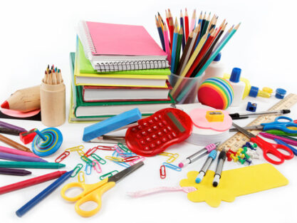 School and office supplies on white background. Back to school.