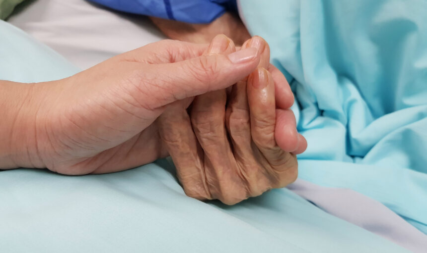 Holding grandmother's hand in the nursing care. Showing all love, empathy, helping and encouragement : healthcare in end of life and palliative concept
