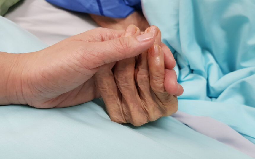 Holding grandmother's hand in the nursing care. Showing all love, empathy, helping and encouragement : healthcare in end of life and palliative concept