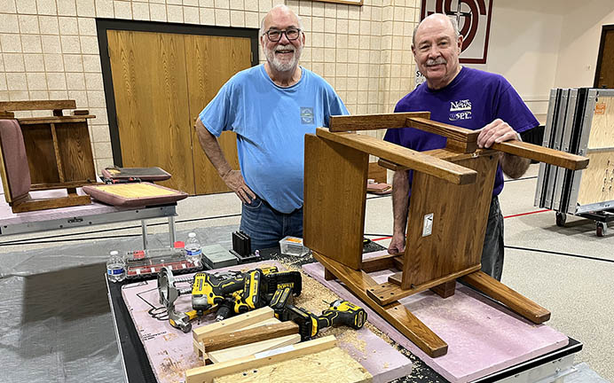 Van and John made arms for 40 chairs - 10 in back of church, 10 in chapel and 20 by Mary statue. Repurposed pew saved about $1500 in wood and Van and John saved us $2000 in labor. If there are any handyman folks who would like to help out with similar projects in the future, please call the main office and leave a message for Michelle Kuhn. I will pass your name along to the right person.